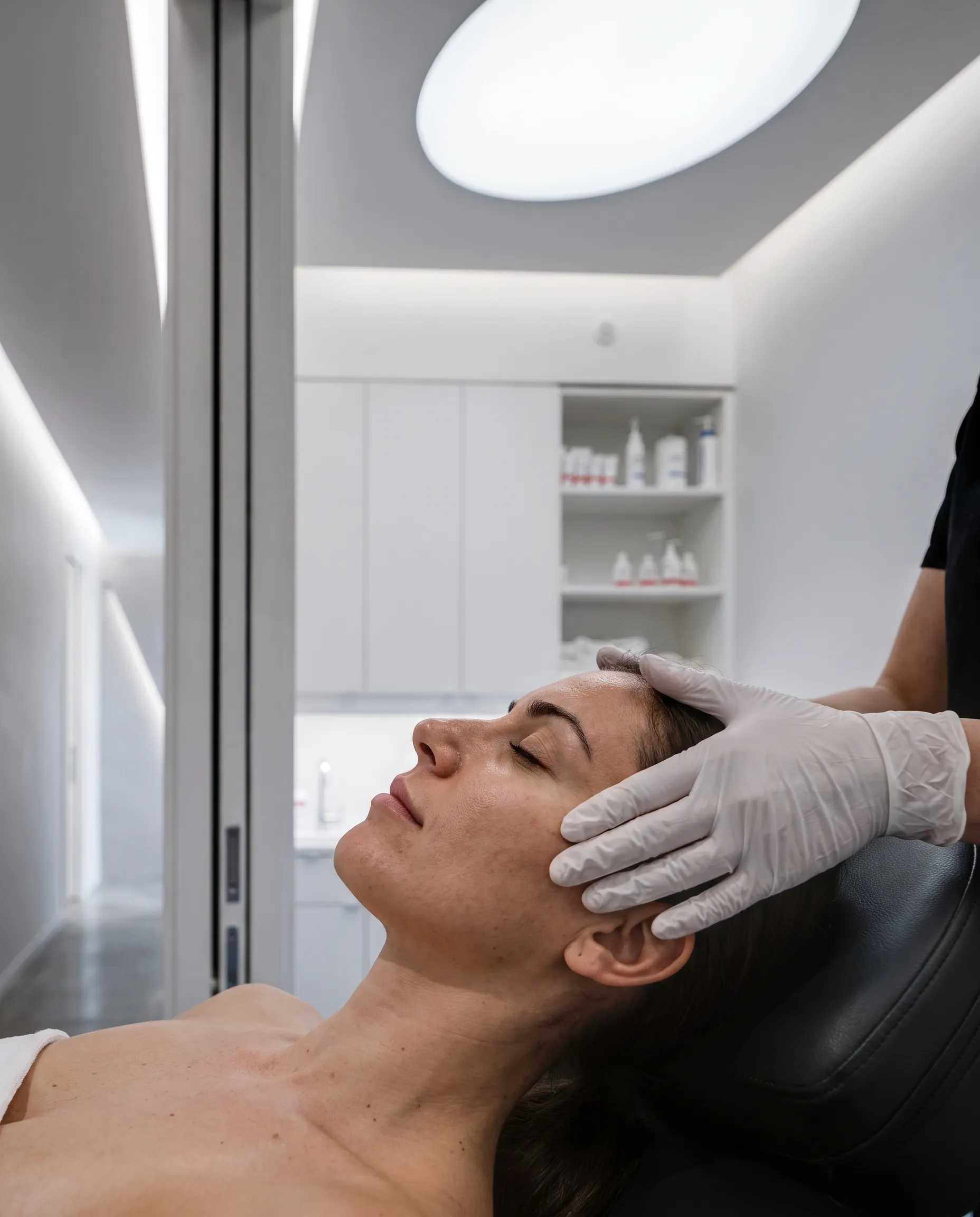 A client reclined under the oval ceiling light of a treatment room, a gloved hand resting at her temple.