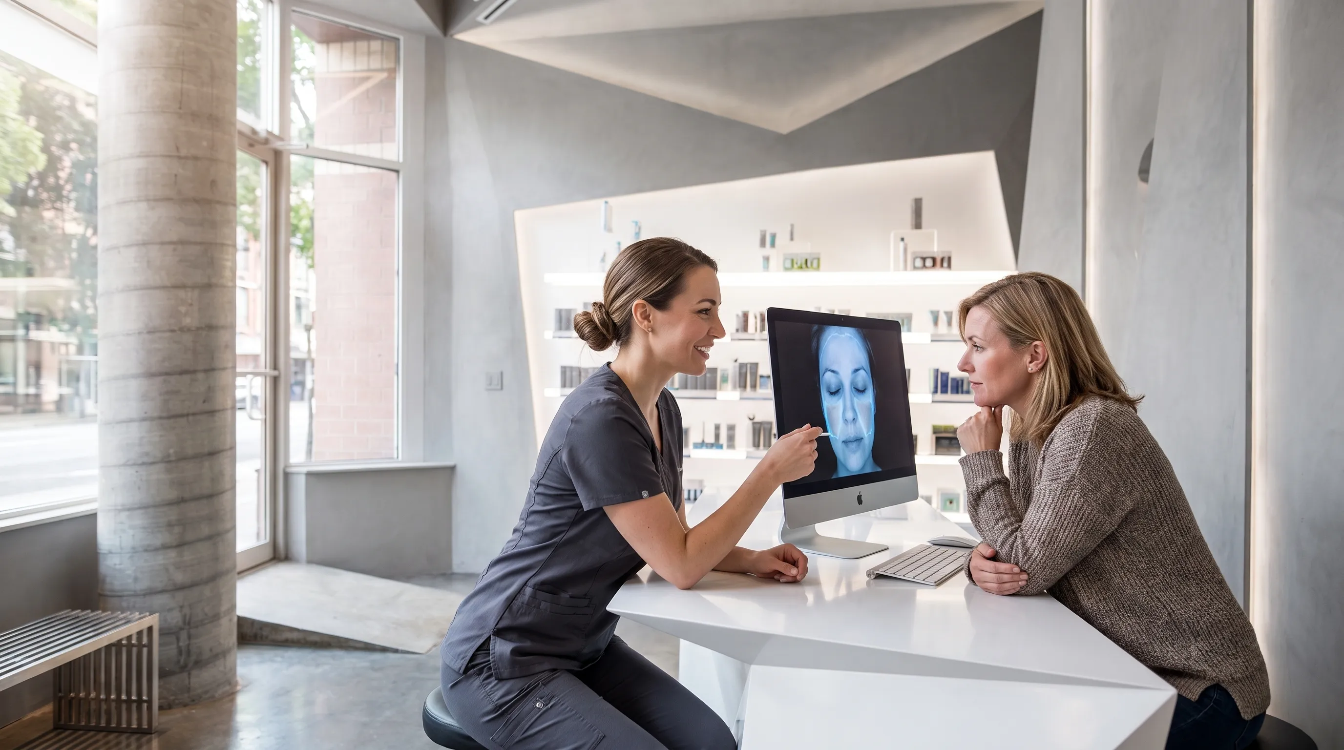 A specialist and a client at the white faceted desk, reading a skin analysis on the screen between them, the street window and the backlit product wall behind.