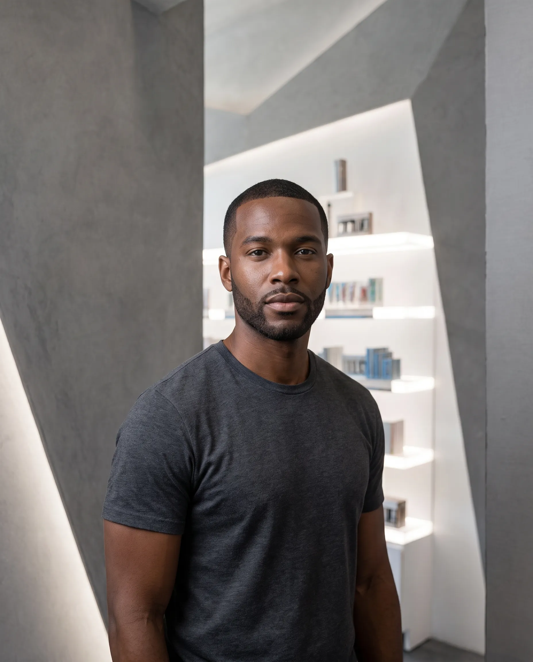 A man photographed against the concrete corridor, matte skin and a precise beard line, the backlit product shelf behind him.