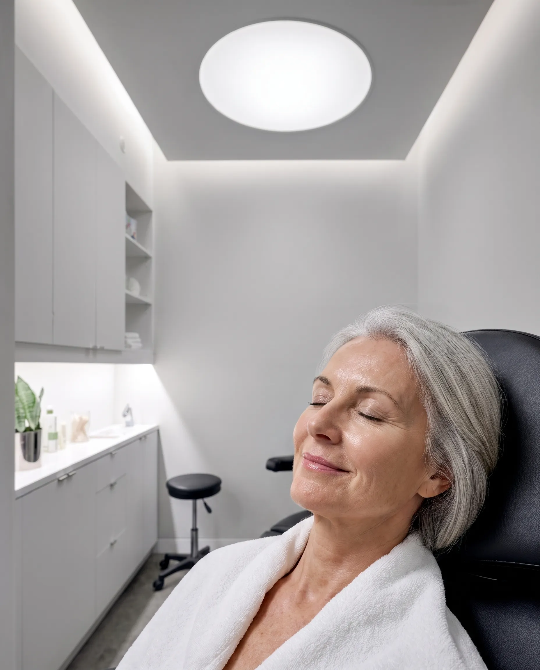 A silver-haired woman in a white robe, eyes closed, lit by the neutral white oval ceiling light of a treatment room.