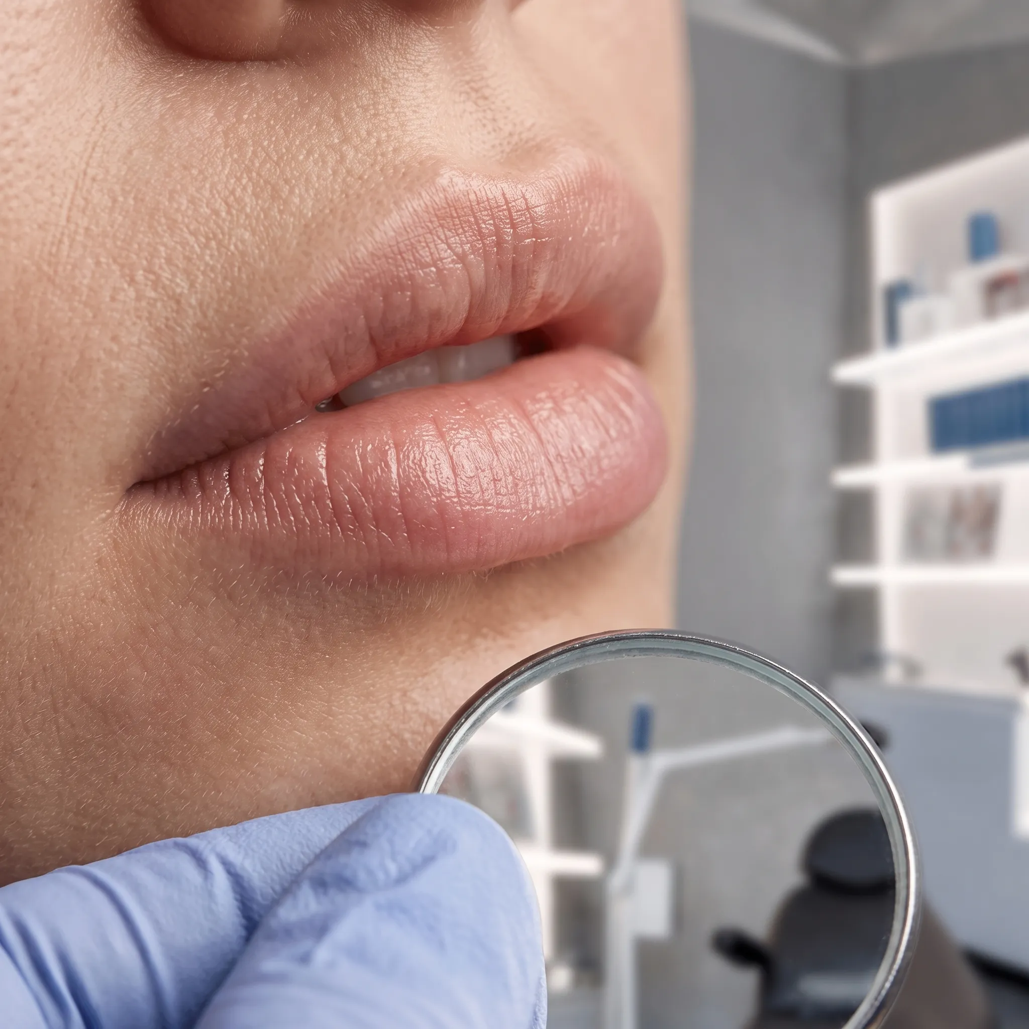 A close study of a mouth at rest, natural lip texture and a gloved hand holding a round mirror just below the chin.