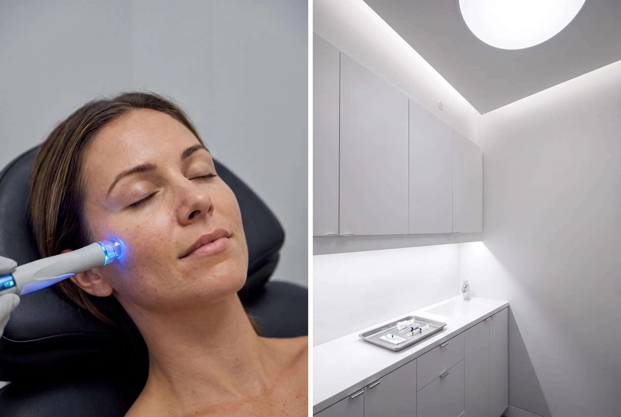 Two panels side by side: a hydrafacial machine mid treatment, and a tray of unlabelled syringes on brushed steel.