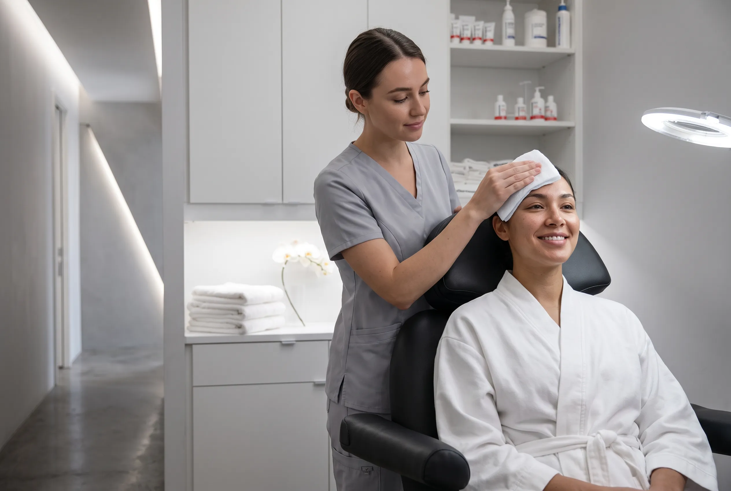 A client smiling as a cool compress is held to the forehead, folded towels and an orchid on the counter behind.