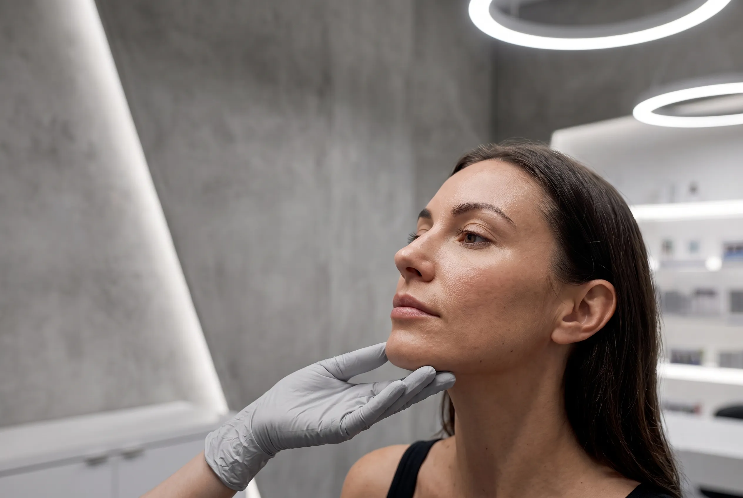 A gloved hand tilting a client’s chin under cool directional light, raw concrete behind.