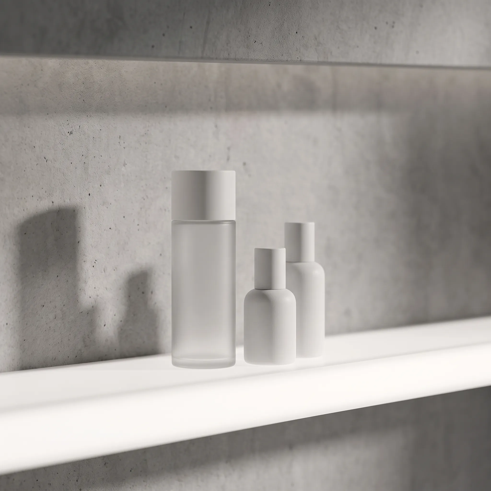 Three unbranded bottles on a glowing backlit shelf, one frosted glass and two matte white.