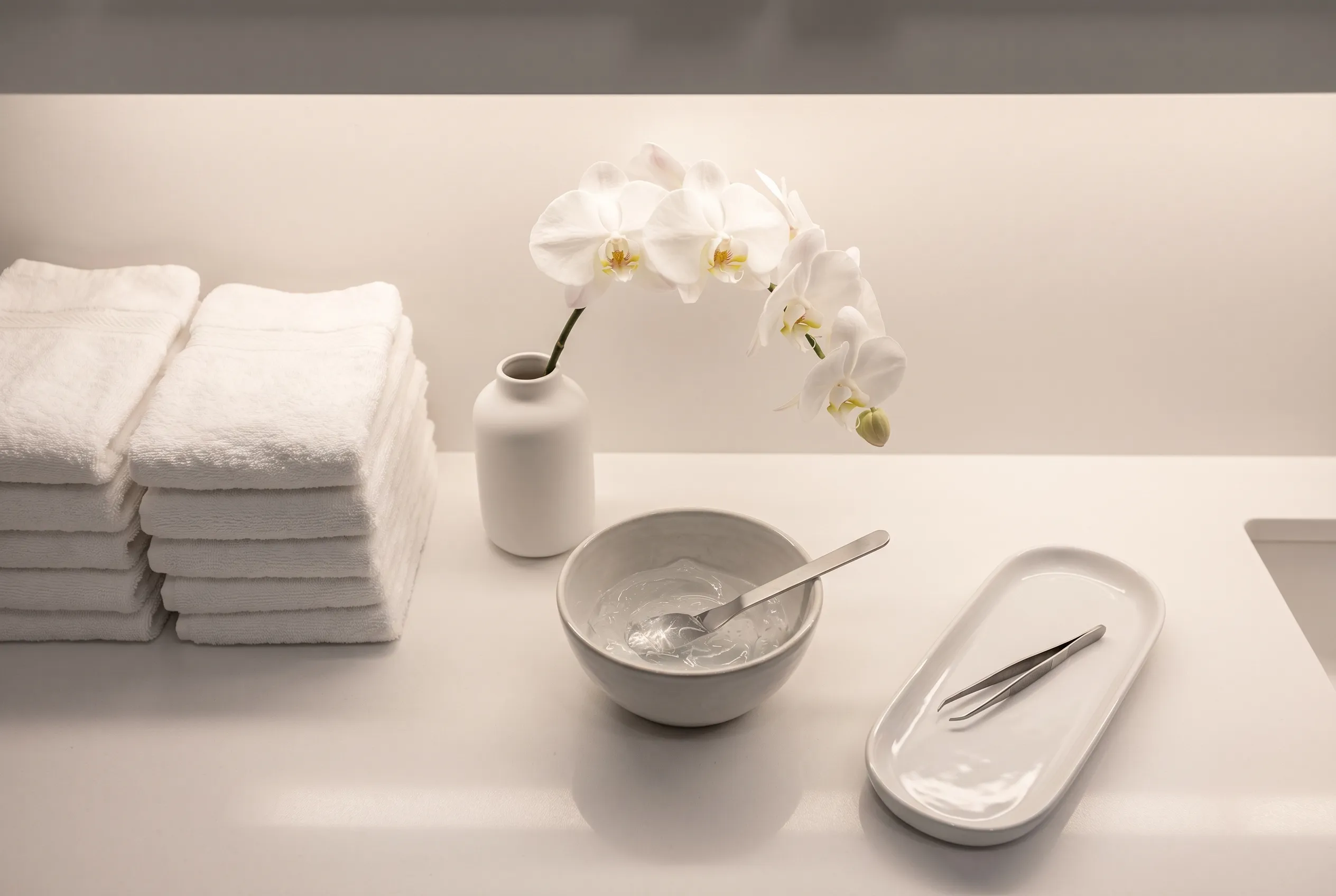 Folded white towels, a bowl of gel and steel tools on a treatment room counter, an orchid arcing across the frame.