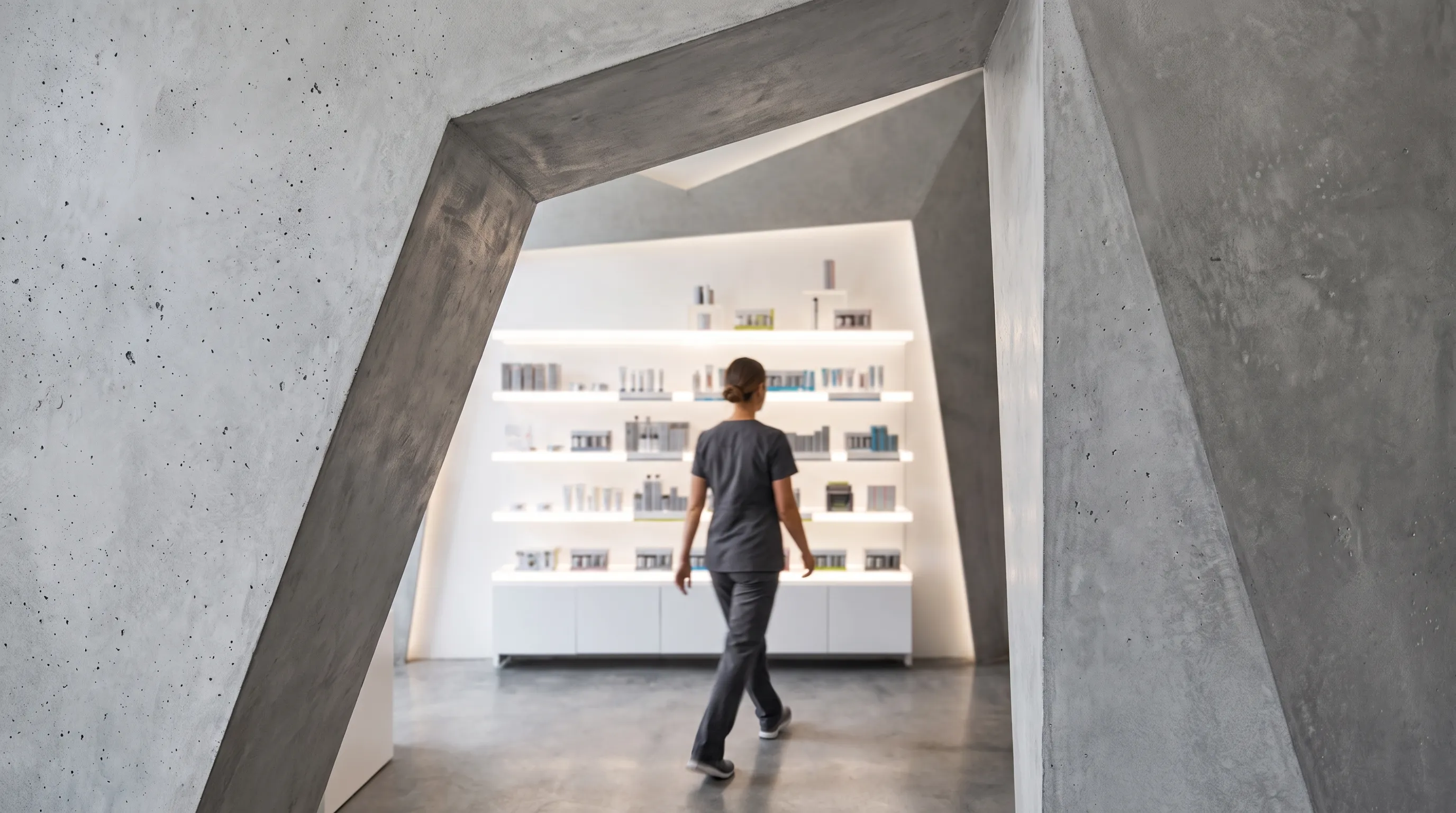 A view through a faceted concrete portal to the glowing retail wall beyond, a specialist crossing the polished floor.