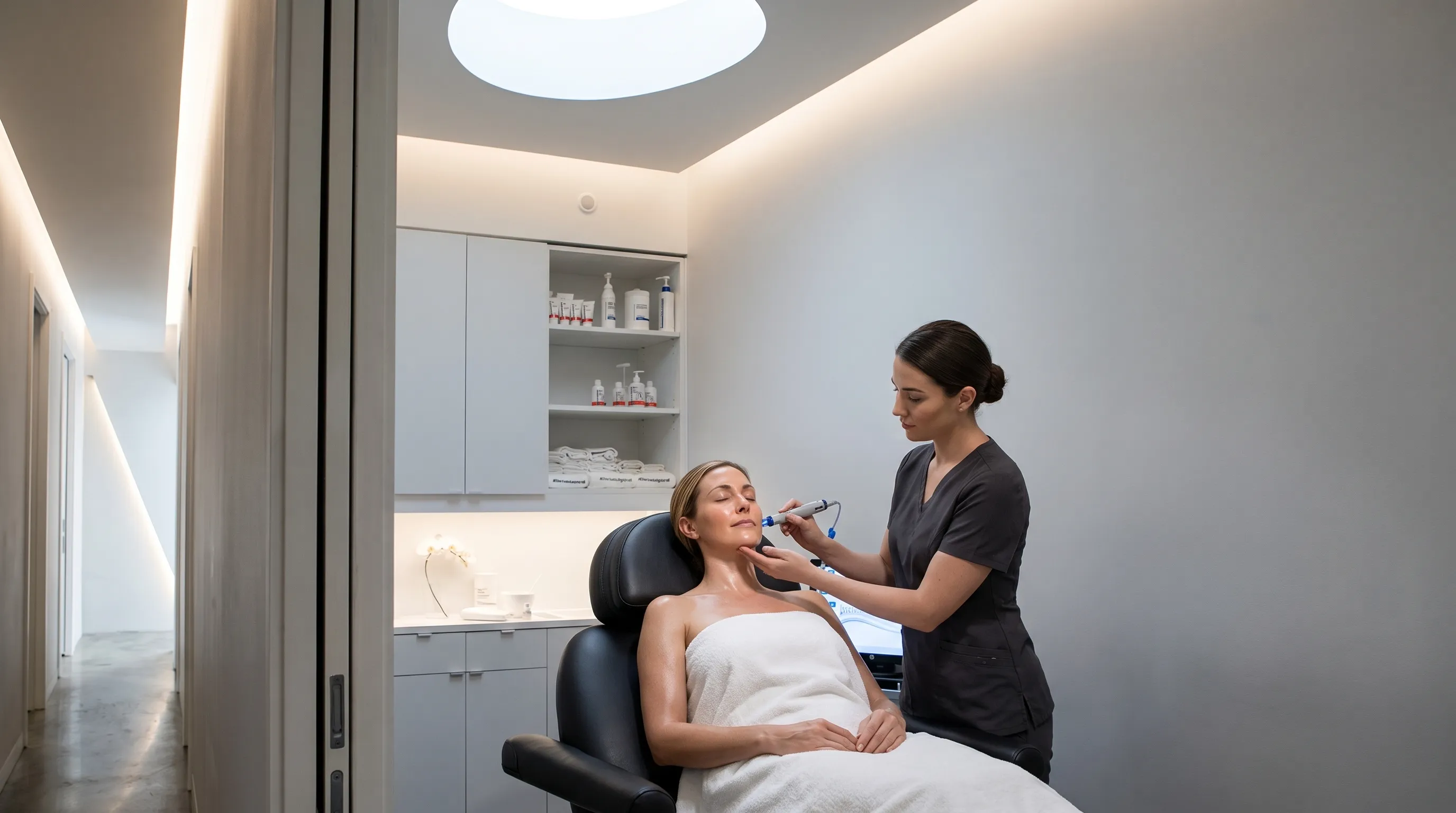 A hydrafacial in progress: the specialist works the handpiece along the cheek while the client lies back under the oval skylight.